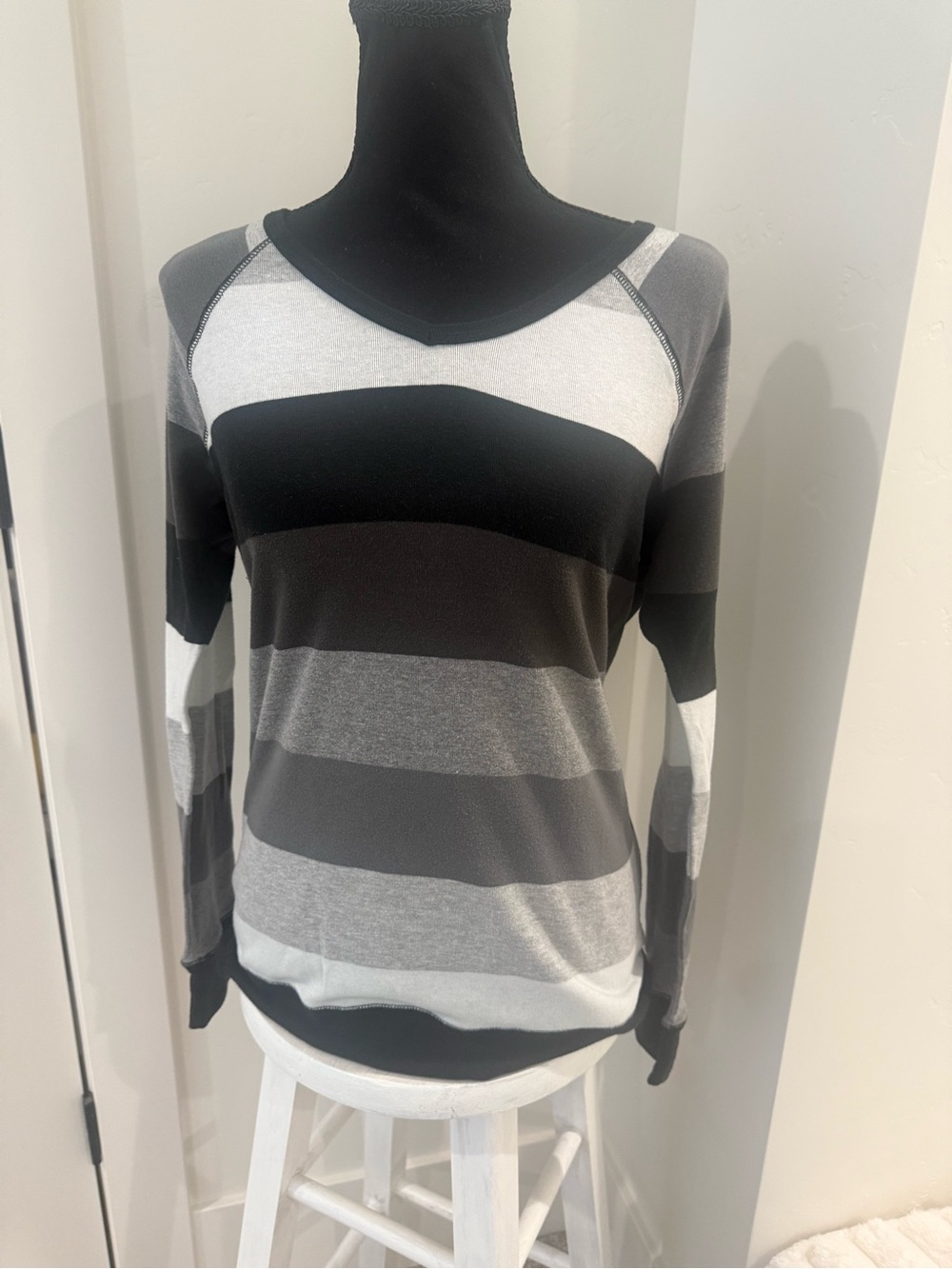 Maurice’s Striped V-Neck Long-Sleeve Top - Black, Gray & White